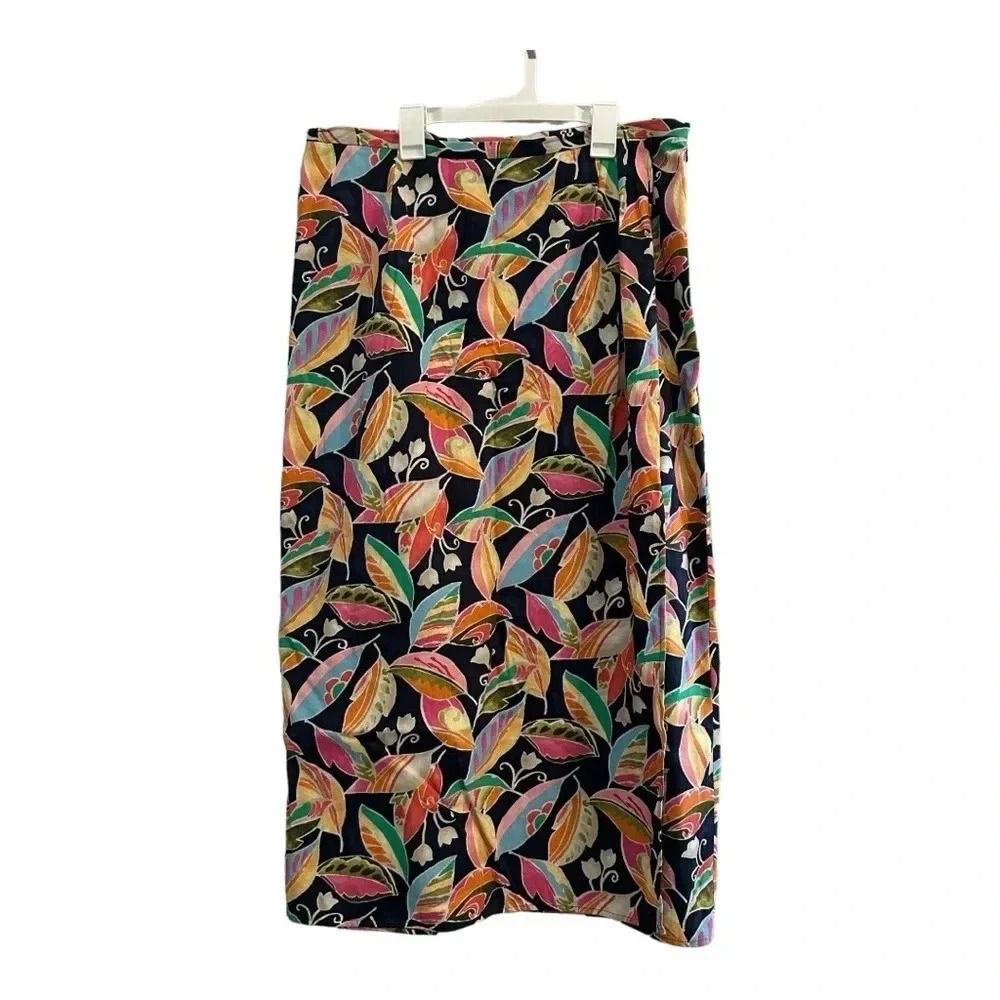 Vintage Talbots Petite Floral Leaves Wrap Cotton Skirt // Size 16